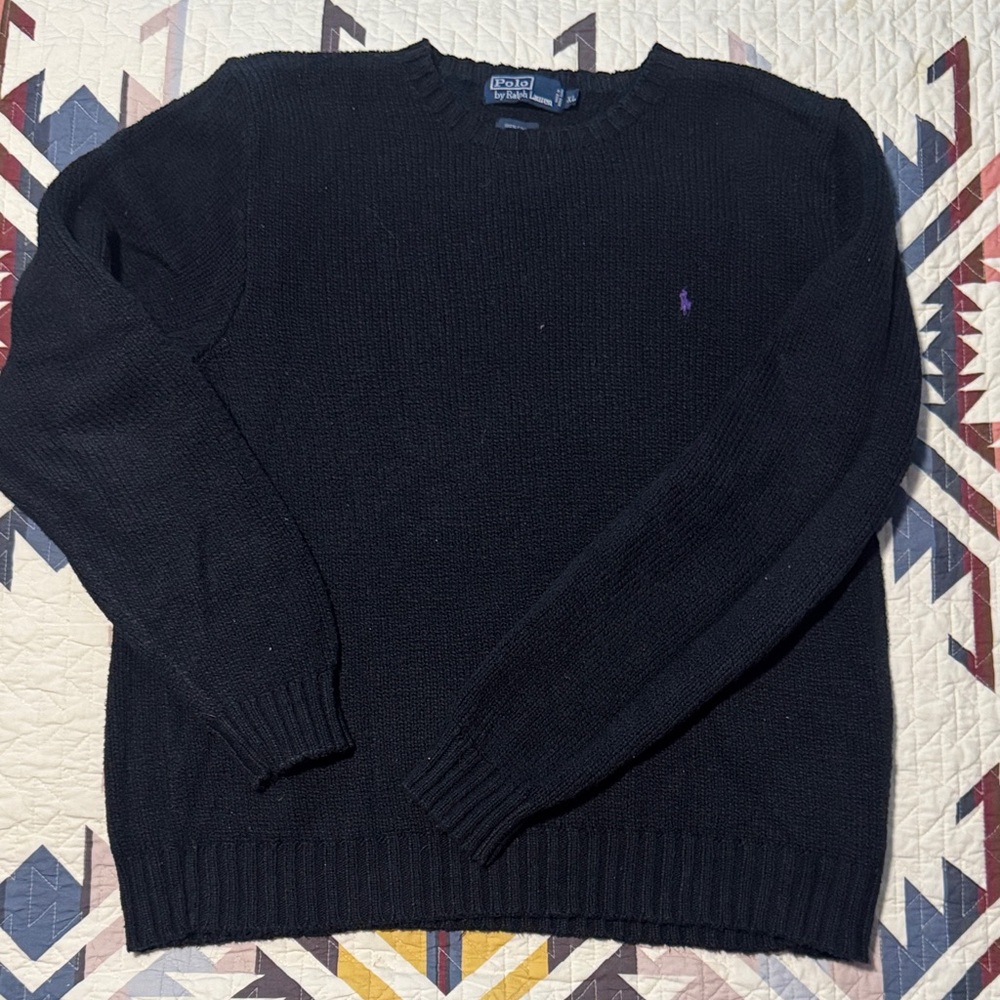 Ralph Lauren Men's Black Crewneck Sweater with Purple Pony
